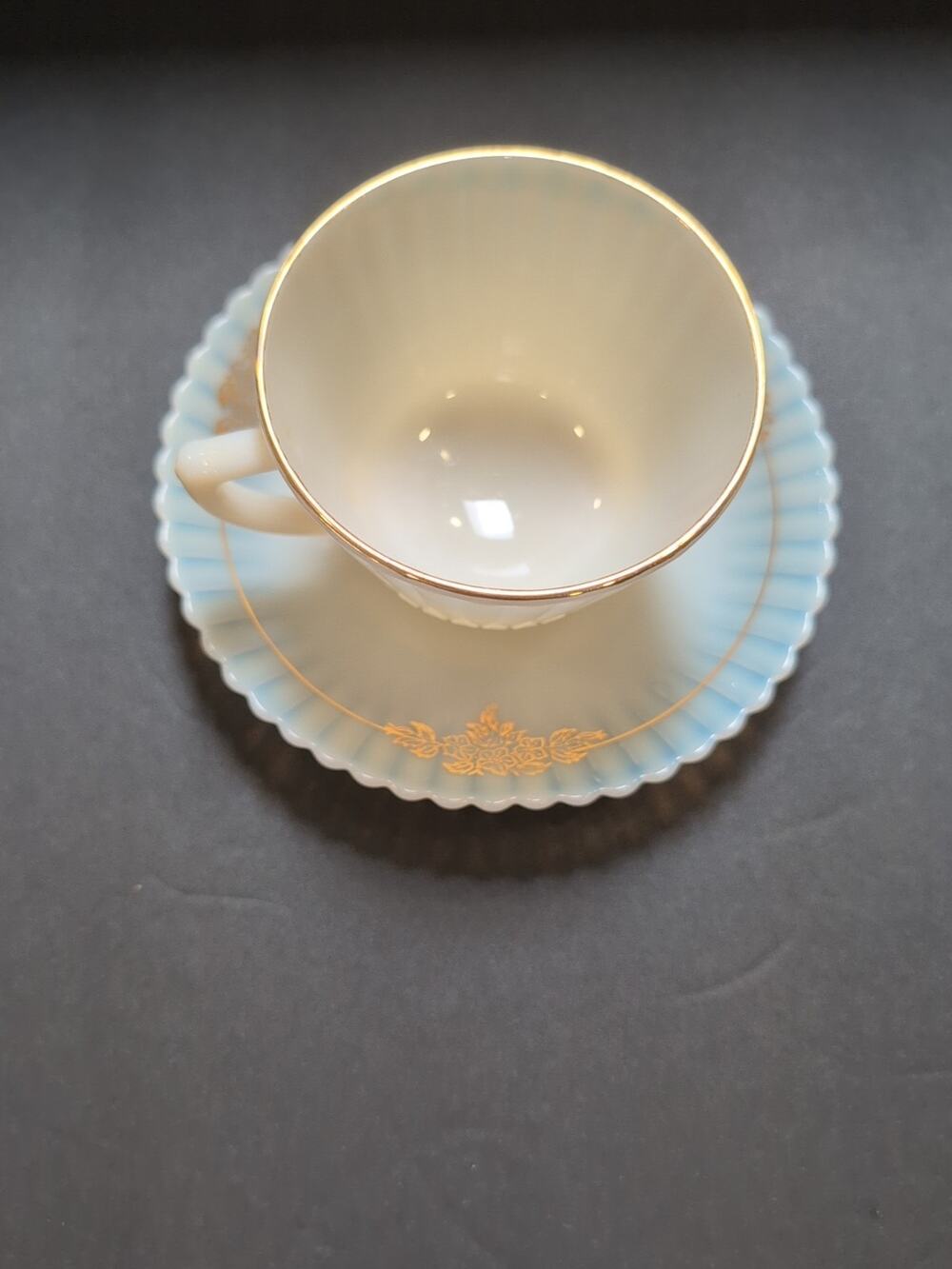 Vintage MacBeth Evans Teacup & Saucer Gold Decal 1930's Opalescent Blue